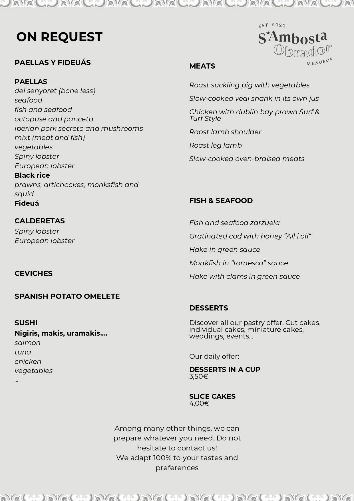 S'Ambosta Obrador menu on request